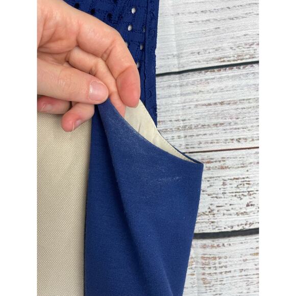 DKNY Blue & Cream Linen Shift Knee Length Dress 8 Coastal Neutral Wedding Beachy - Picture 3 of 8